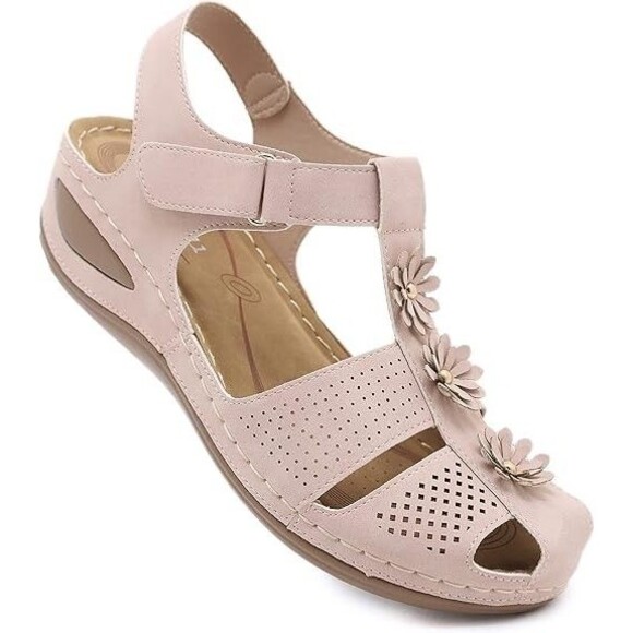 Pink Floral Perforated Wedge Sandals Women’s Size 6 Hook & Loop Comfort Shoes - Picture 7 of 8